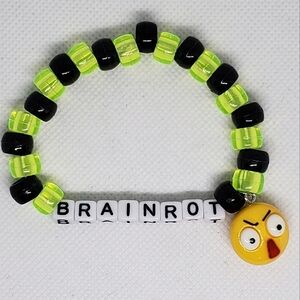 Handmade Neon Green Black Brain Rot Emoji Charm Kandi Bracelet